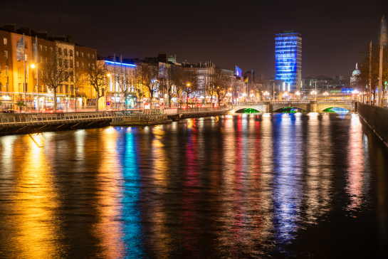 Colourful reflections of RGB lights from river